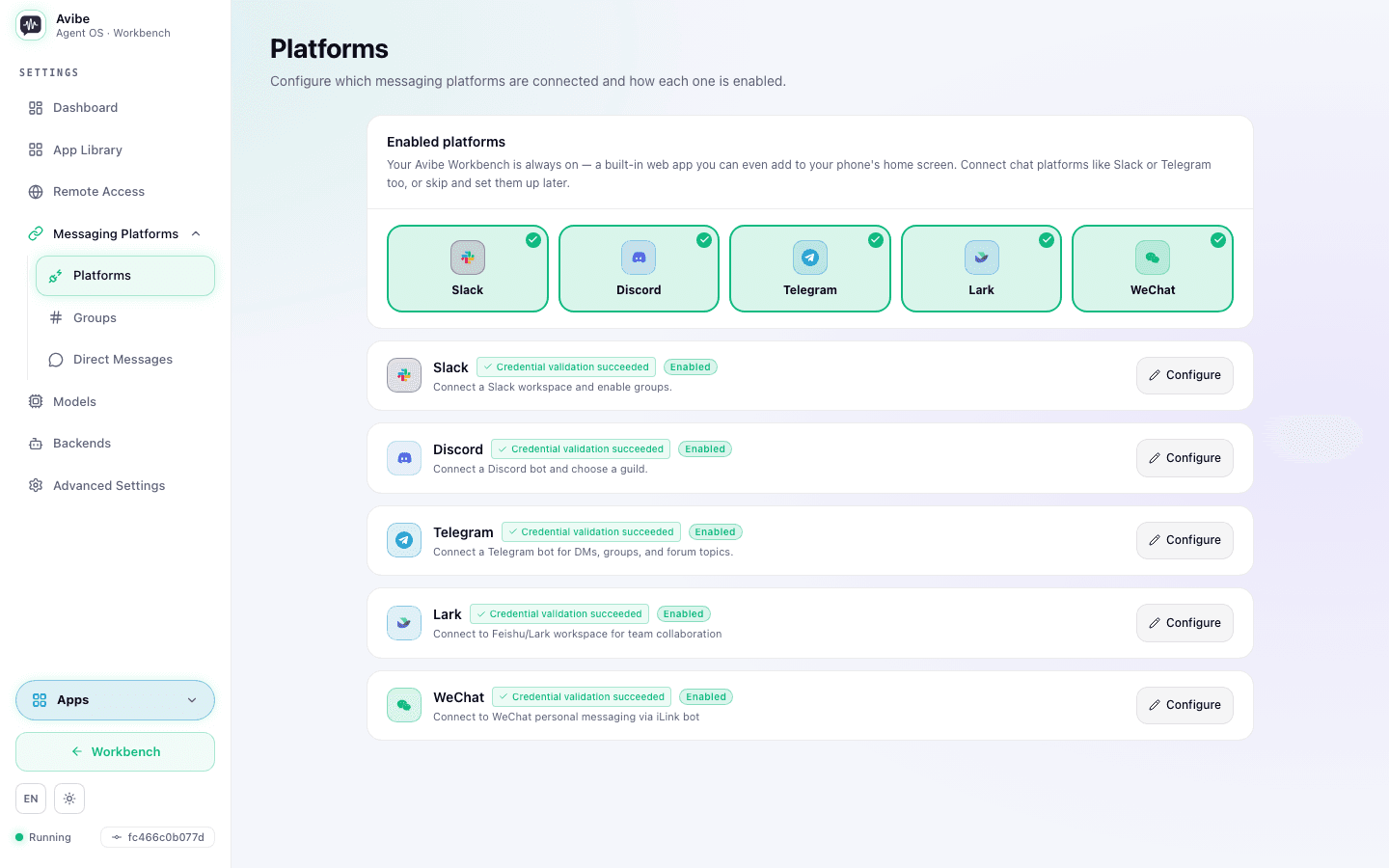 Avibe messaging platform connections for Slack, Discord, Telegram, Lark, and WeChat